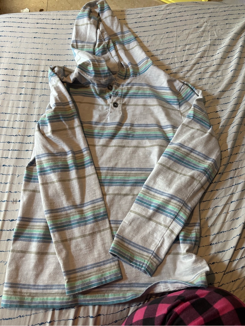 Striped Hooded Pullover Sweater - Gray with Blue & Green Stripes